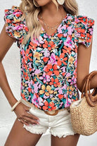 Ruffled Printed V-Neck Cap Sleeve Blouse - Charming Charlie
