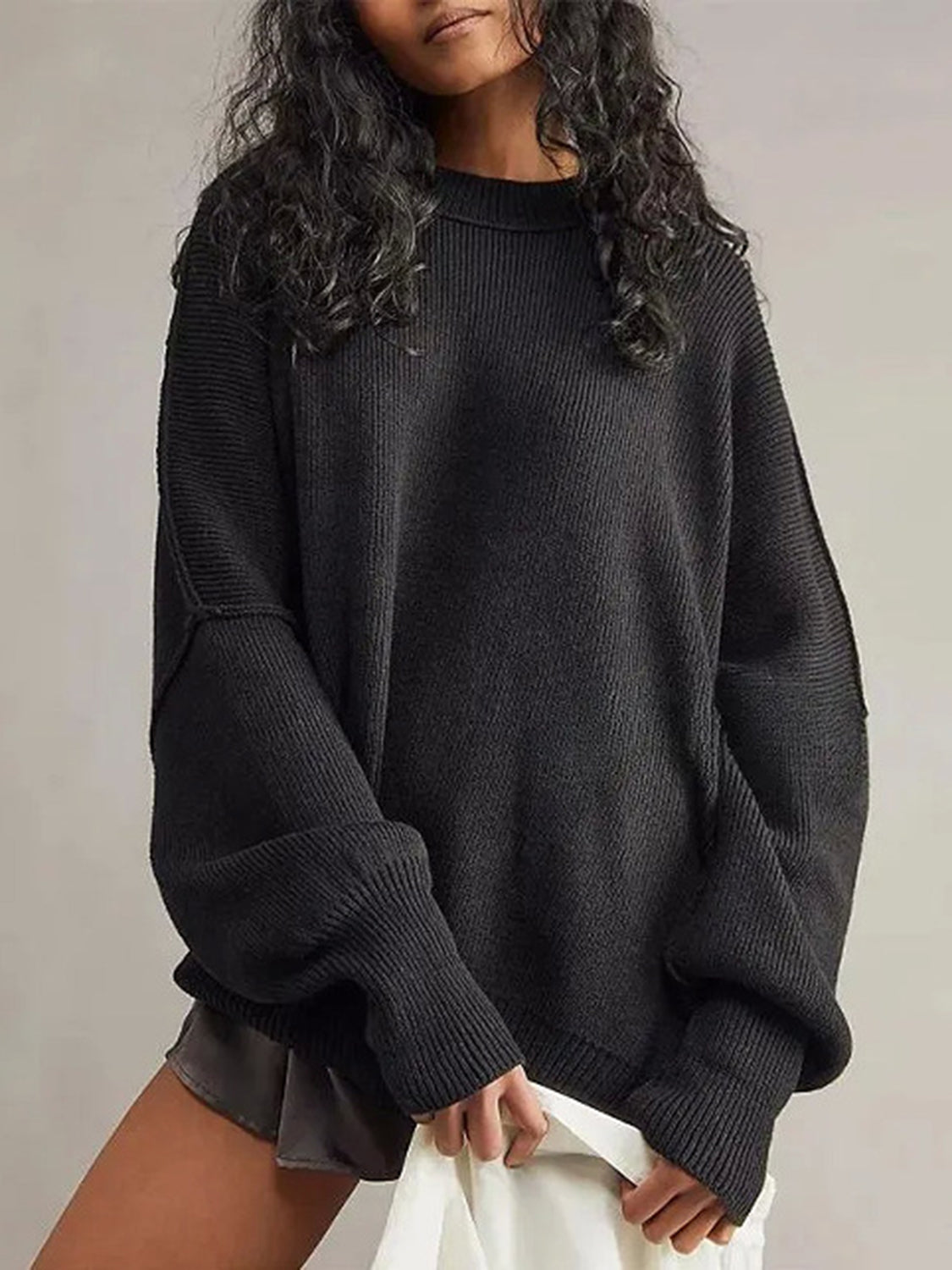 Round Neck Long Sleeve Sweater - Charming Charlie