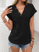 Openwork V-Neck Short Sleeve T-Shirt - Charming Charlie