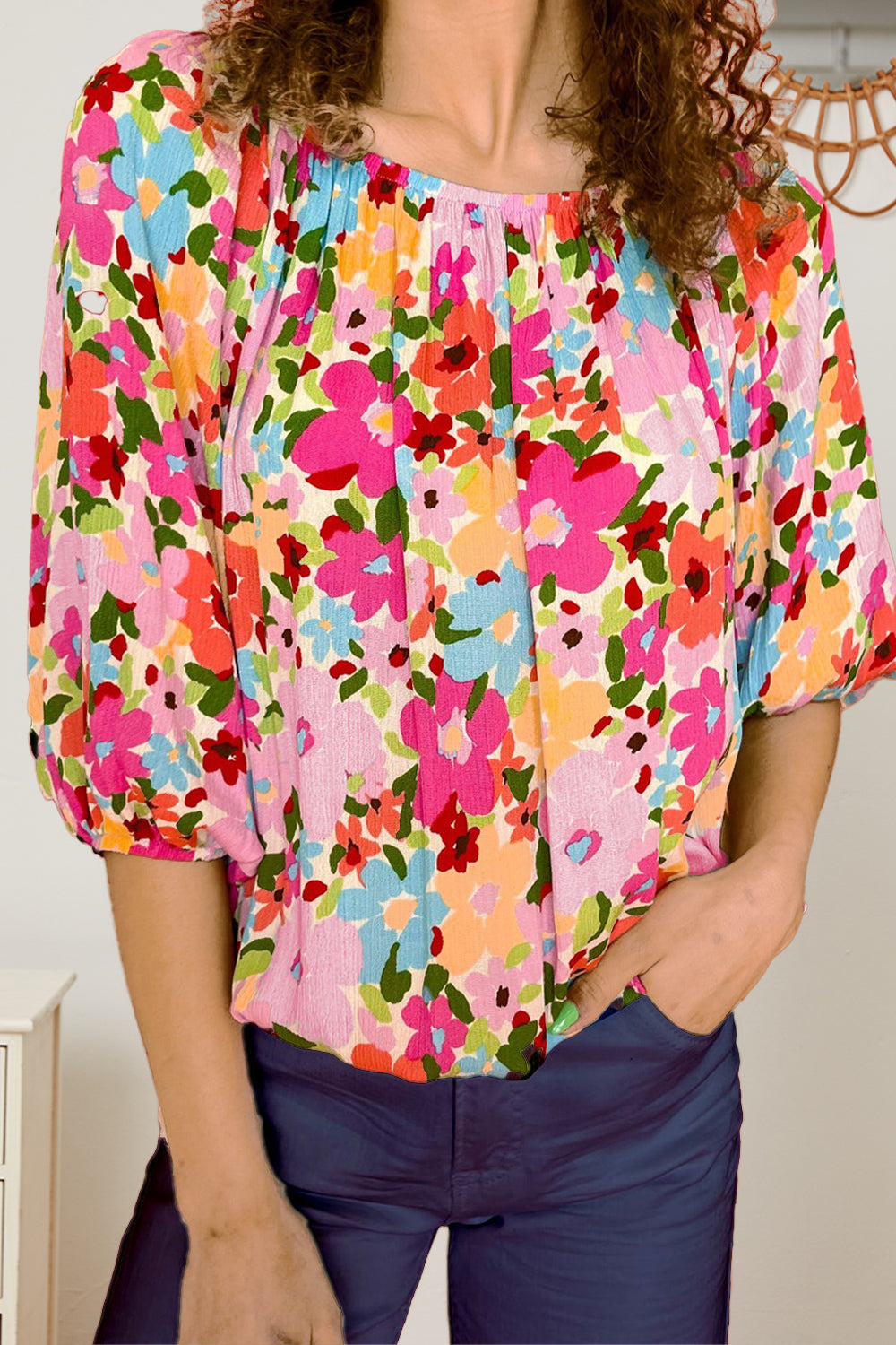 Printed Round Neck Half Sleeve Blouse - Charming Charlie