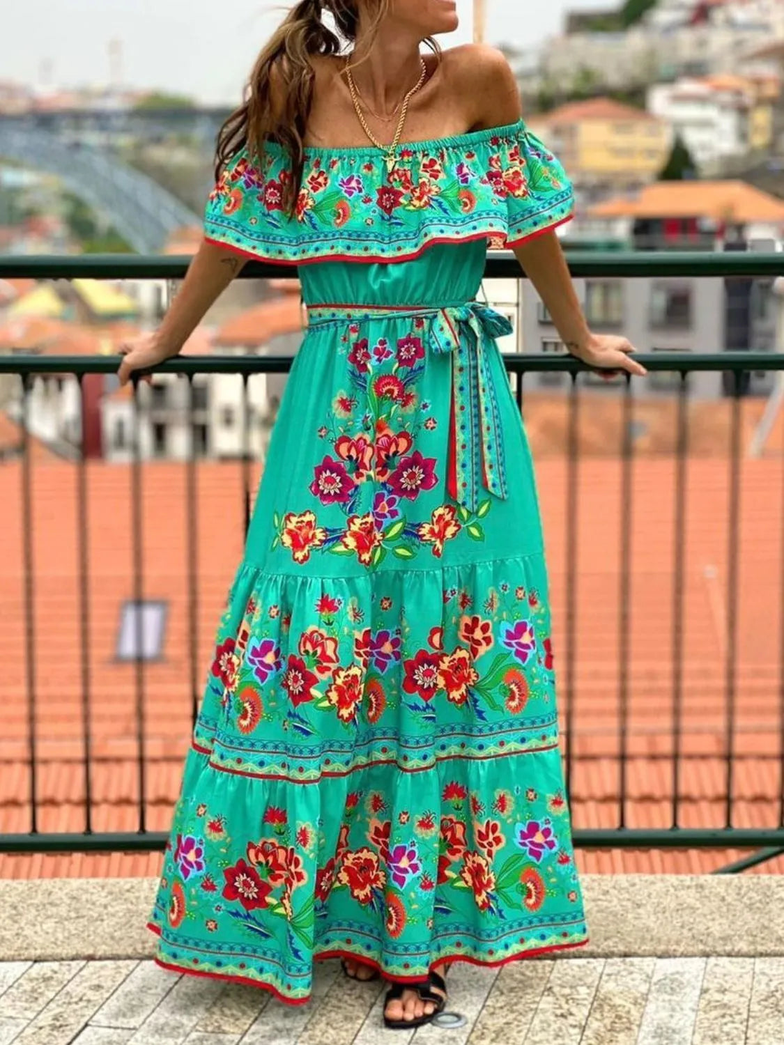 floral off the shoulder dress maxi Ella Pink Print Formal - 4 the shoulder neckline with no slip strips and fluttering... Chantel Off Shoulder Maxi Dress