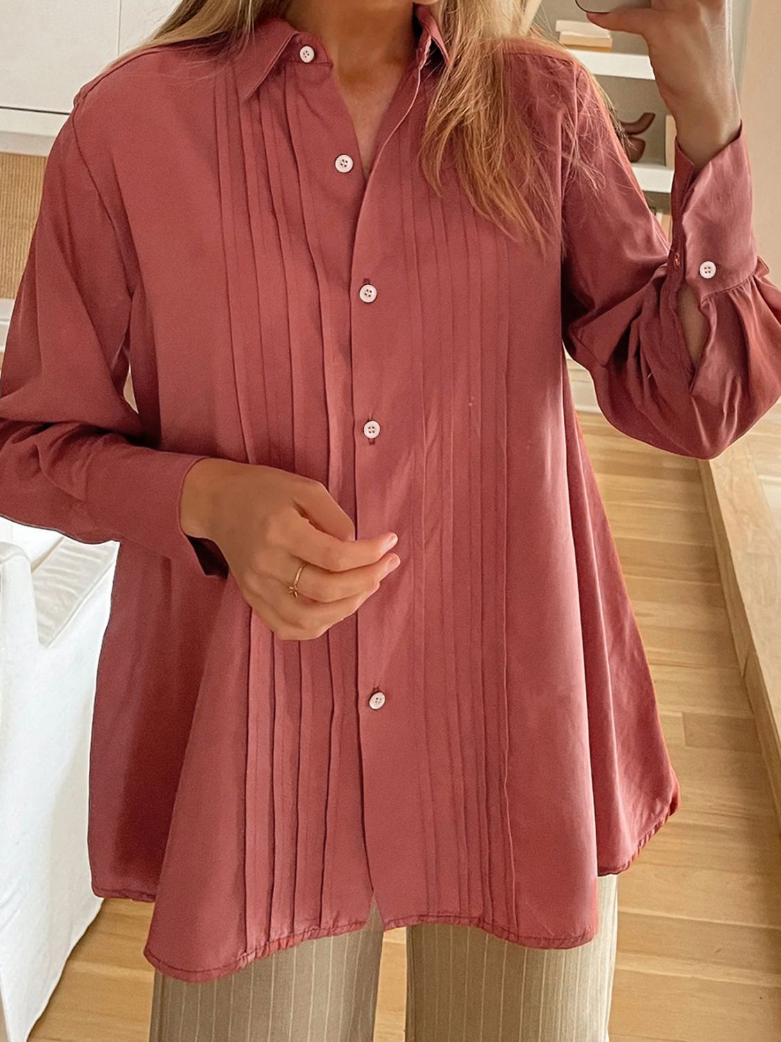 Perfee Ruched Collared Neck Long Sleeve Shirt - Charming Charlie