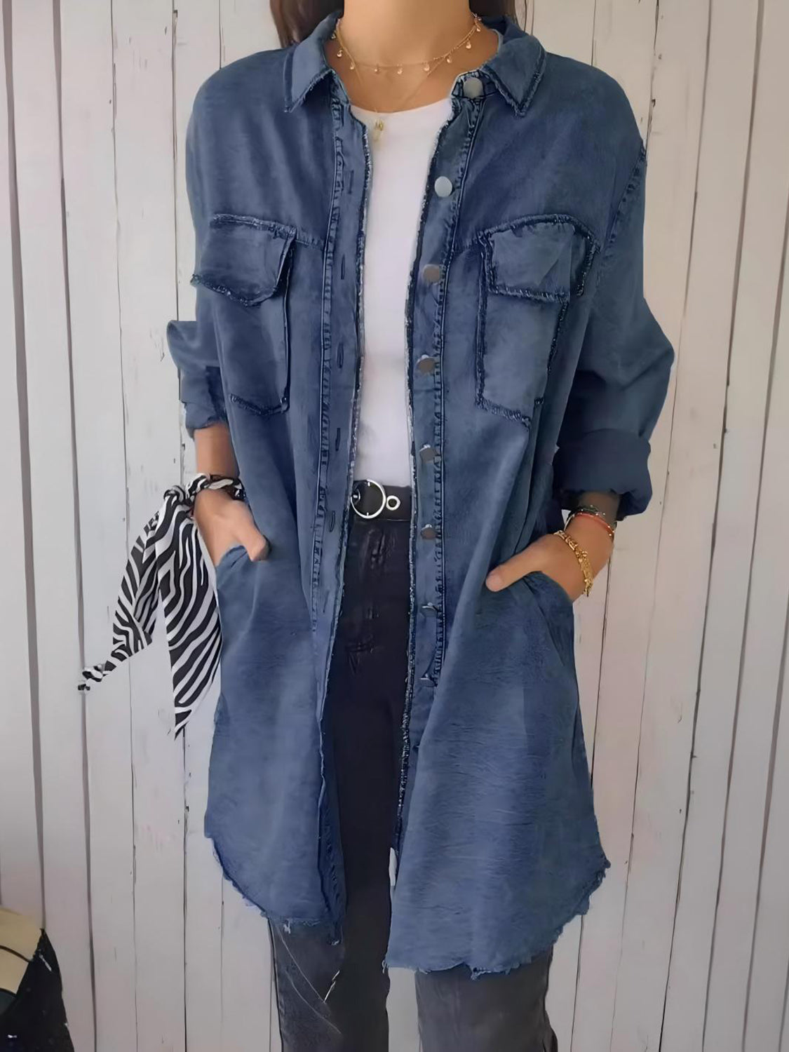 Full Size Raw Hem Button Up Long Sleeve Denim Top Plus Size - Charming Charlie