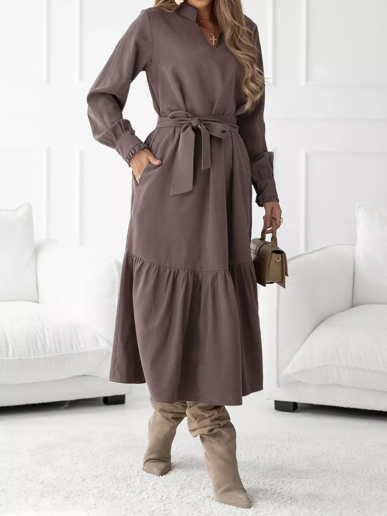 knee length dresses for ladies Ribbed Knit Bodycon Midi Dress with Ruffle Hem – The Pink Room main image 1