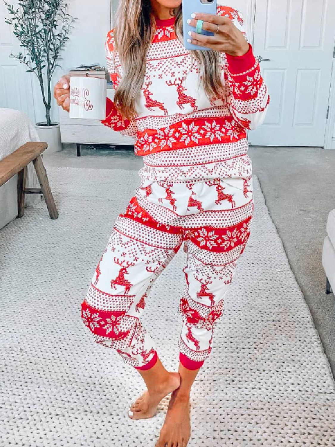 Full Size Christmas Element Round Neck Top and Pants Set - Charming Charlie