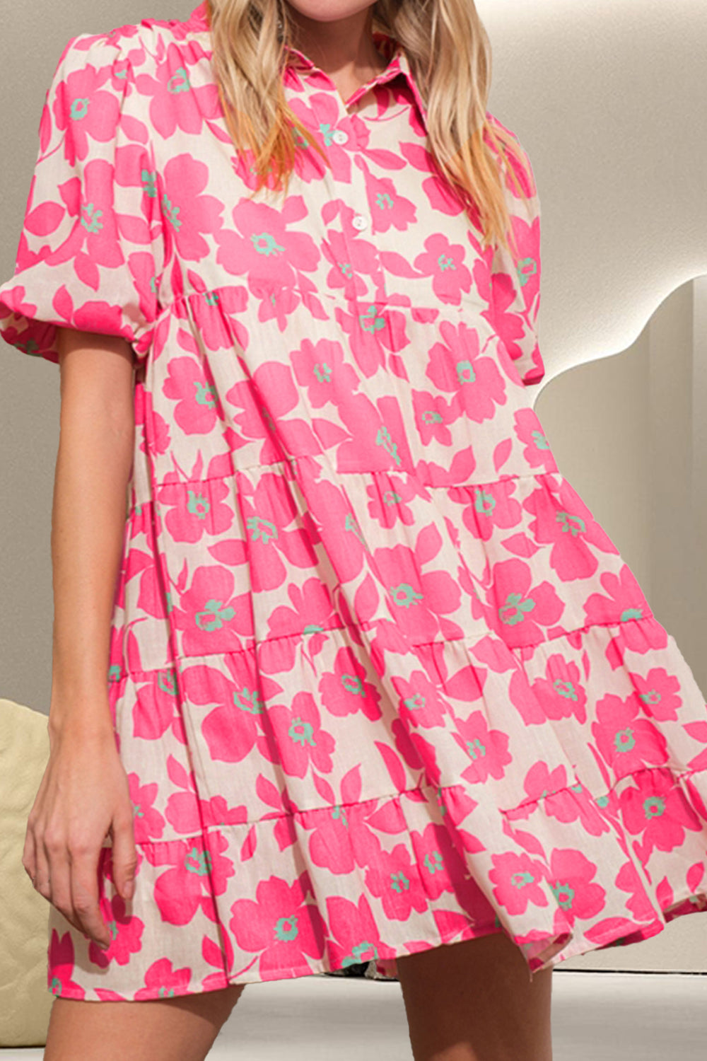 Printed Collared Neck Short Sleeve Mini Dress - Charming Charlie