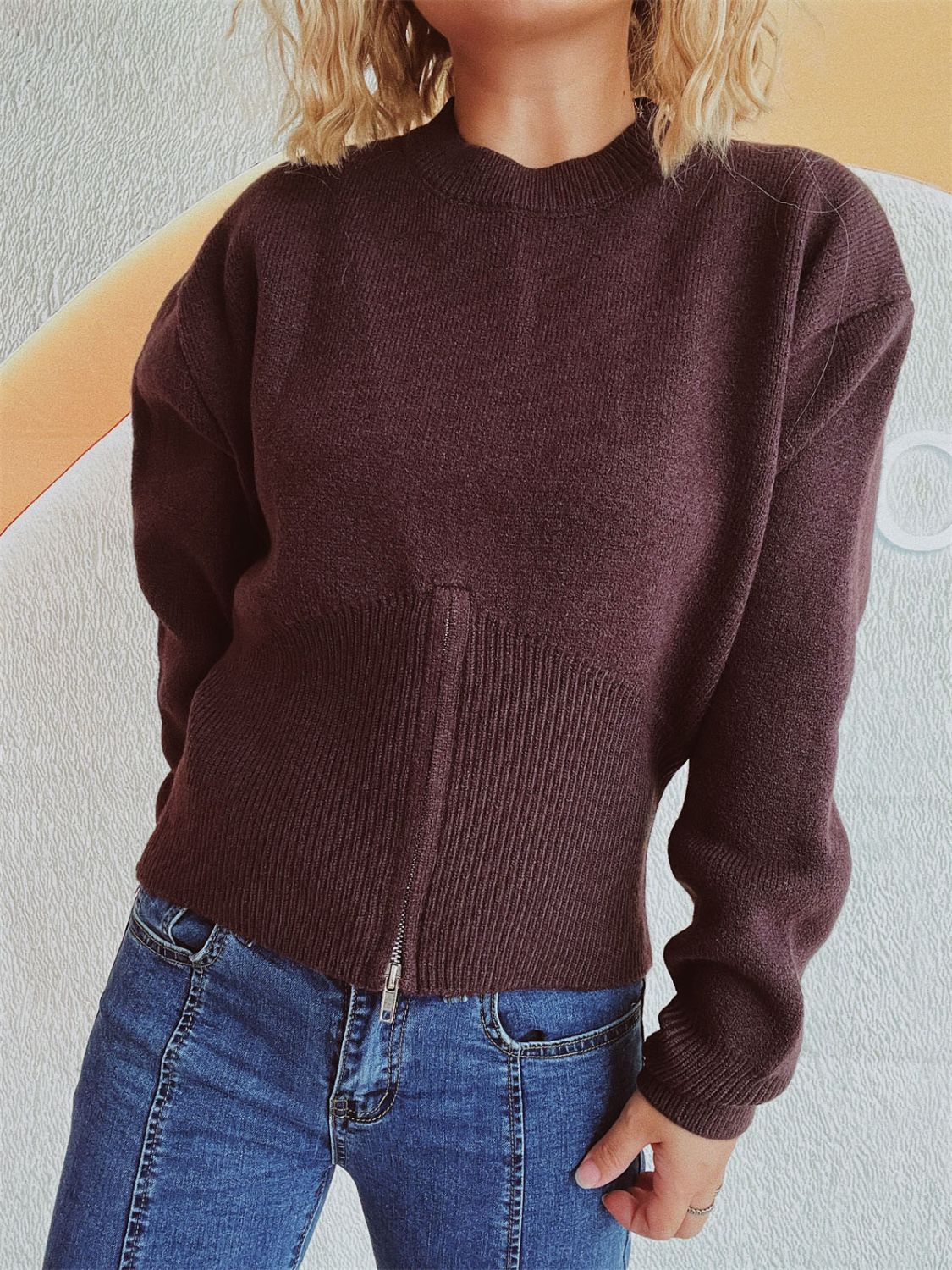 Round Neck Half Zip Long Sleeve Sweater - Charming Charlie