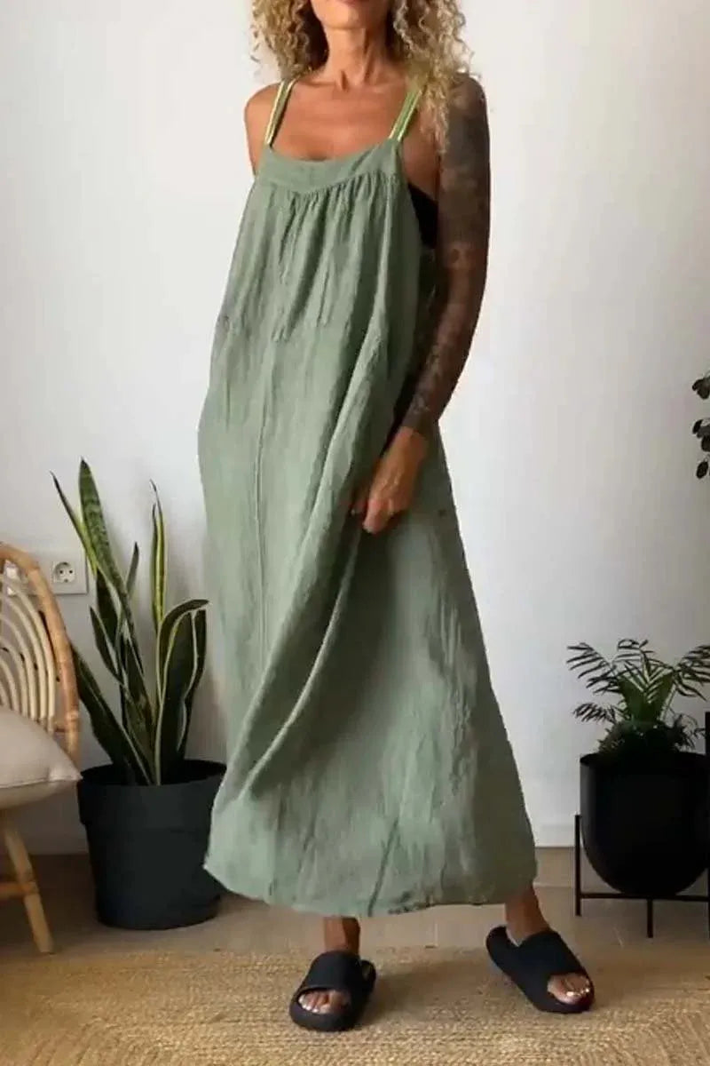 Full Size Ruched Cami Maxi Dress with Pockets Plus Size Khaki / M