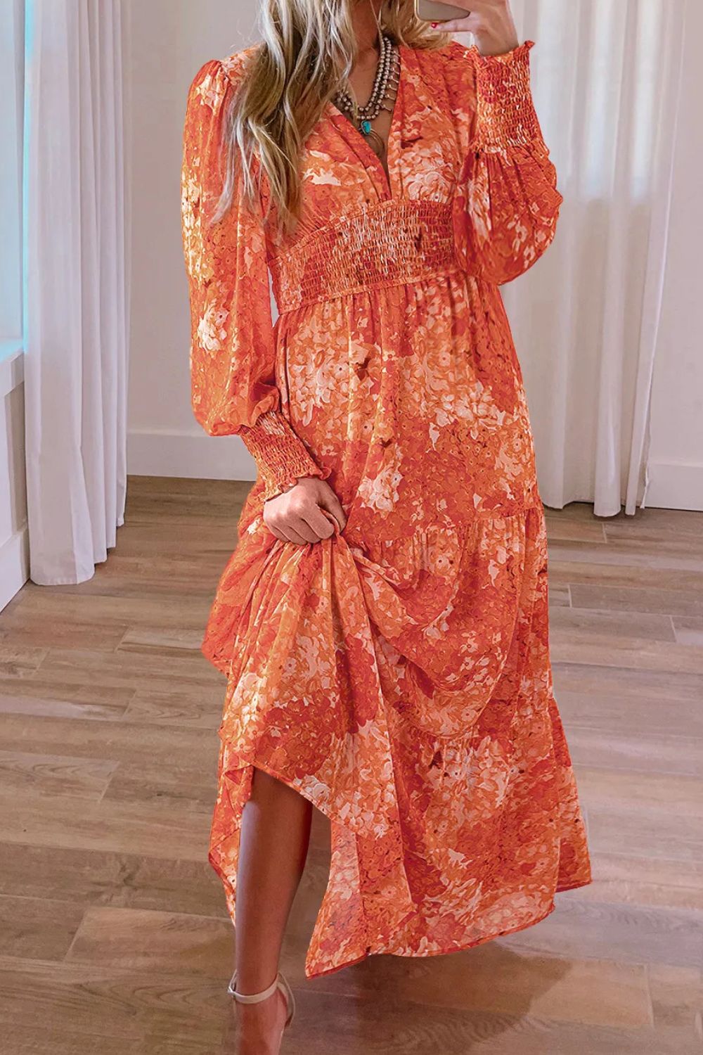 smocked long sleeve dress Smocked Printed V-Neck Long Sleeve Dress