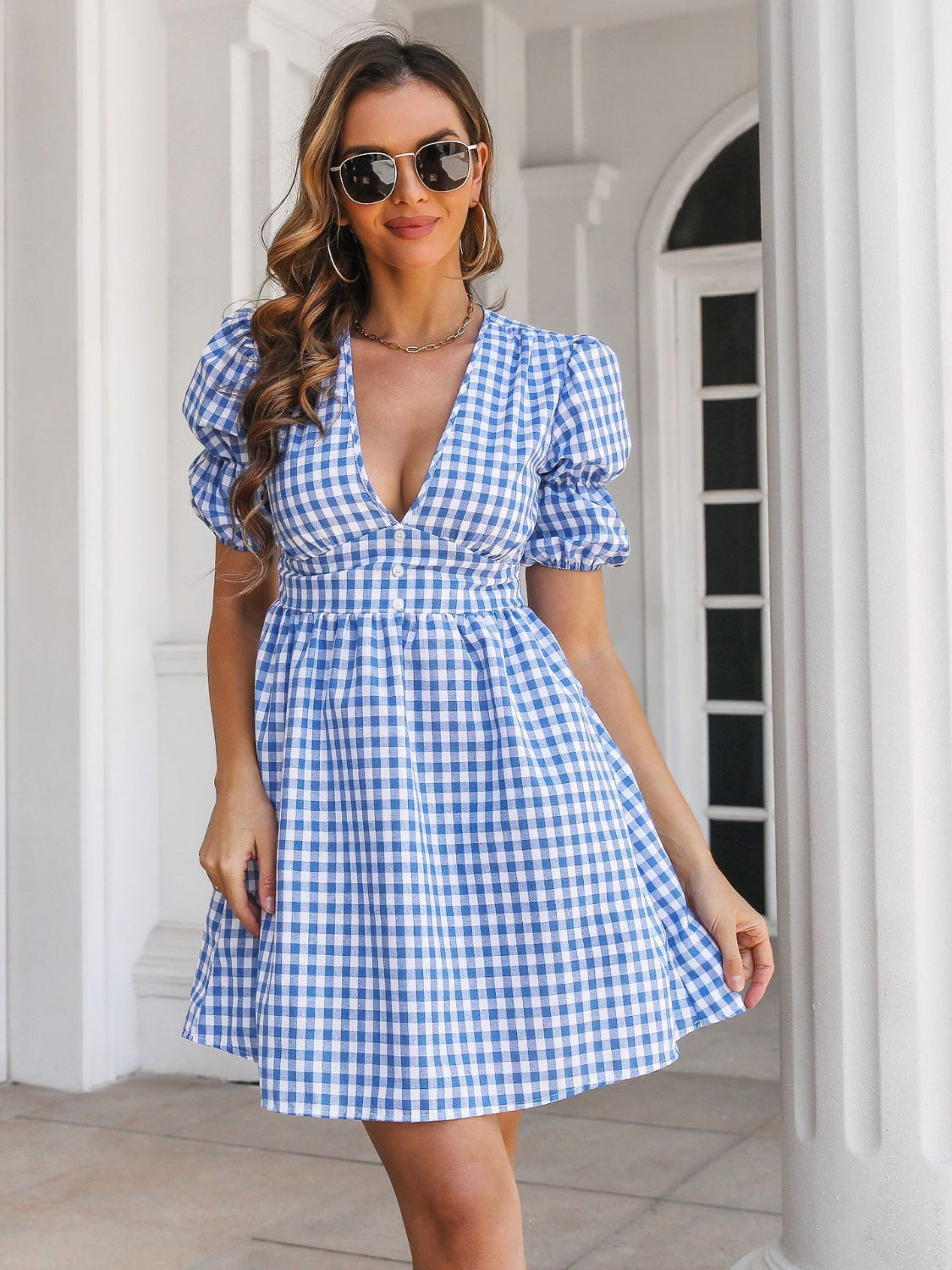 Decorative Button Plaid Short Sleeve Dress – Charming Charlie