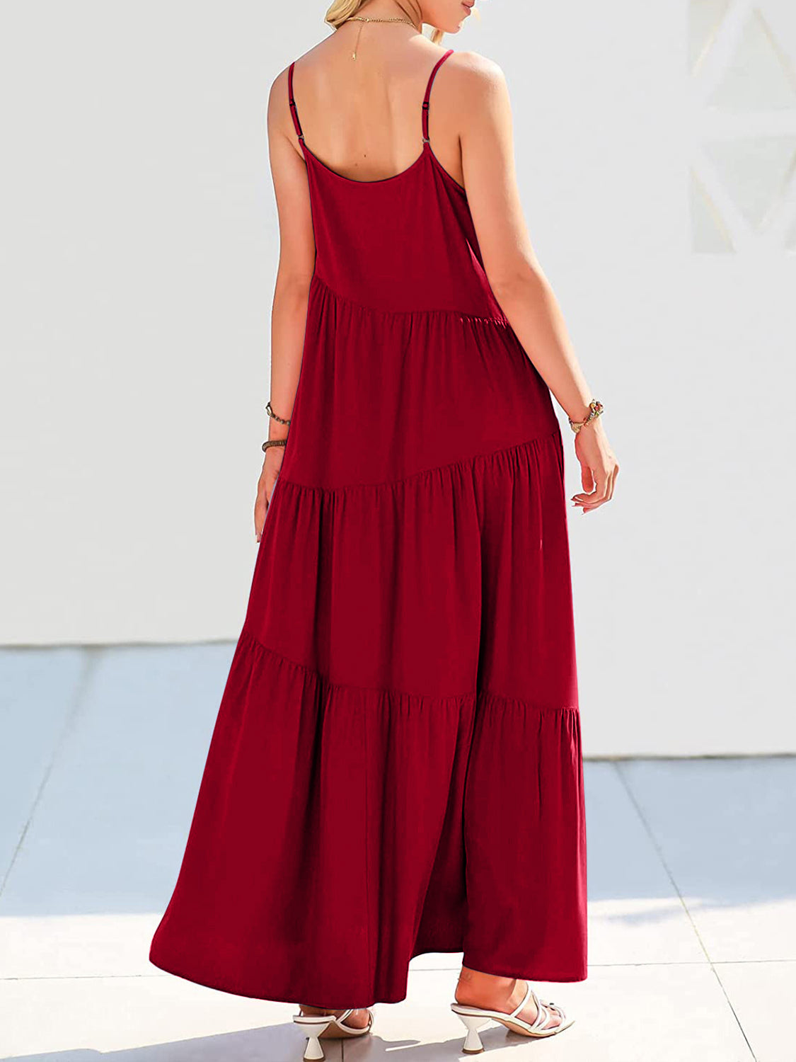 Spaghetti Straps Ruched Tiered Dress With Slit Peach