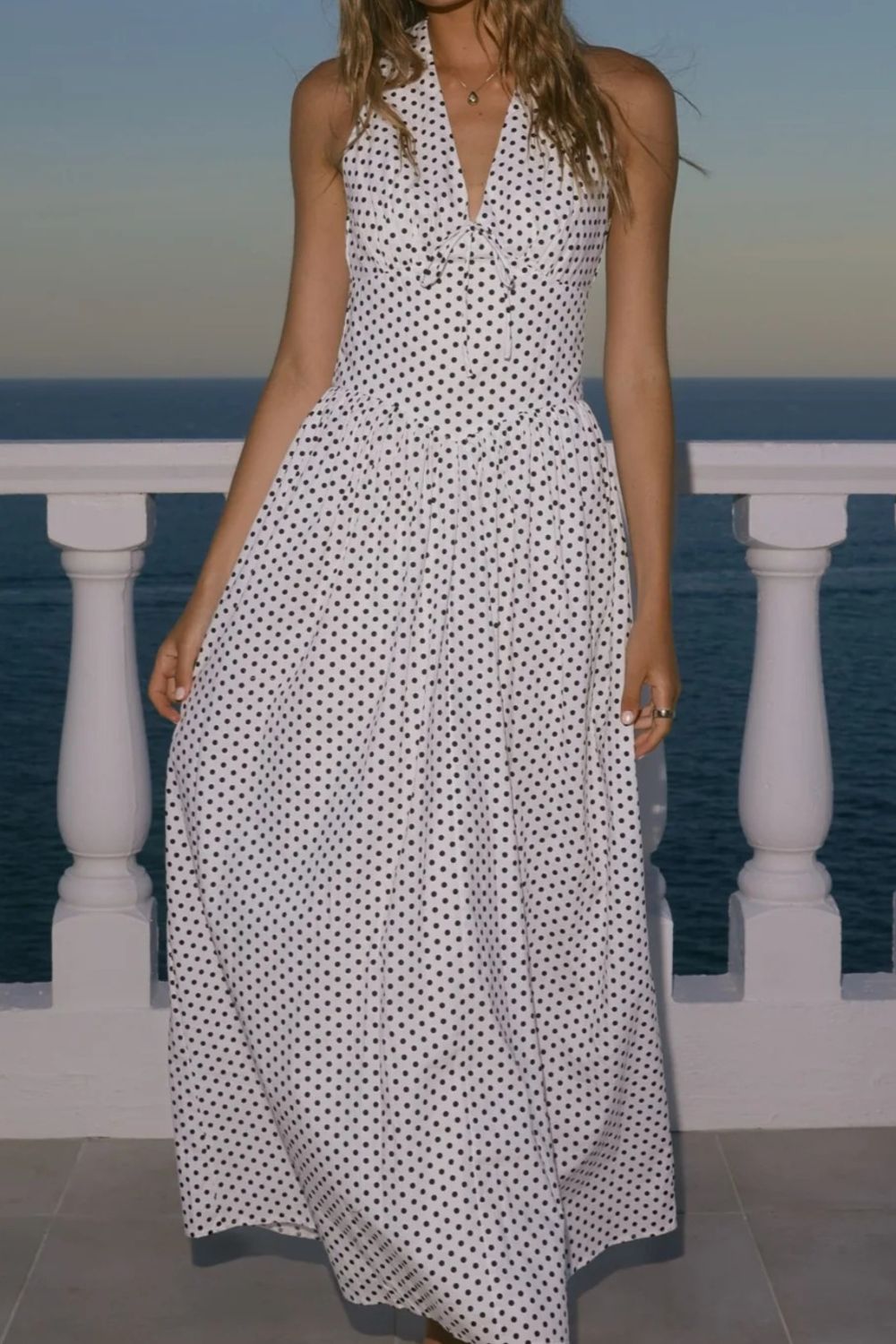 Backless Polka Dot Halter Neck Maxi Dress White / M Backless Polka Dot Halter Neck Maxi Dress White / M