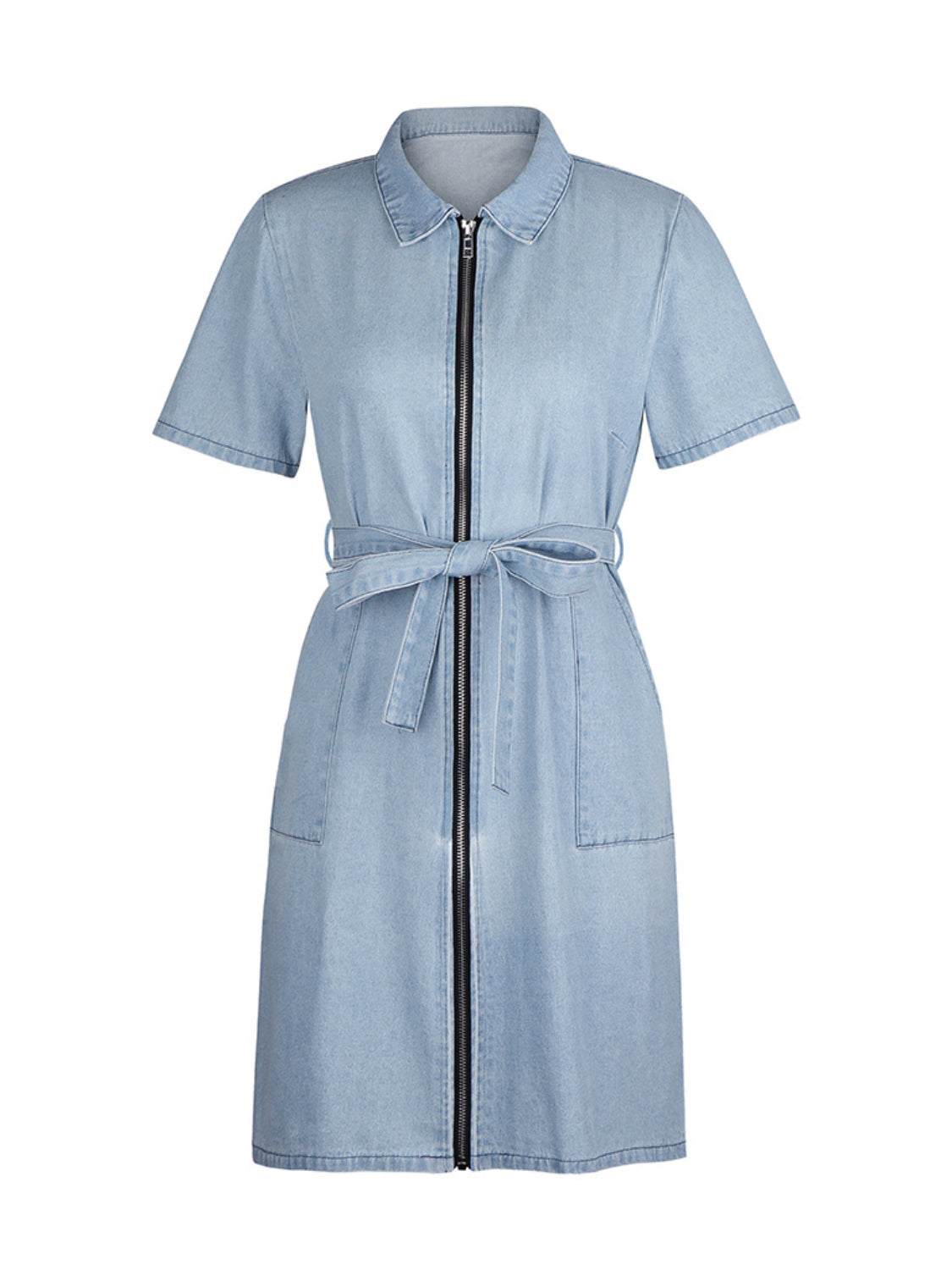 Full Size Zip Front Short Sleeve Denim Dress Plus Size Dark Gray / S