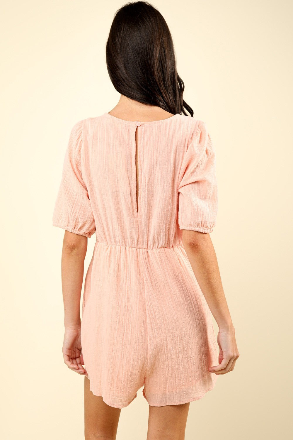 VERY J Lace Detail Puff Sleeve Romper with Pockets - Charming Charlie