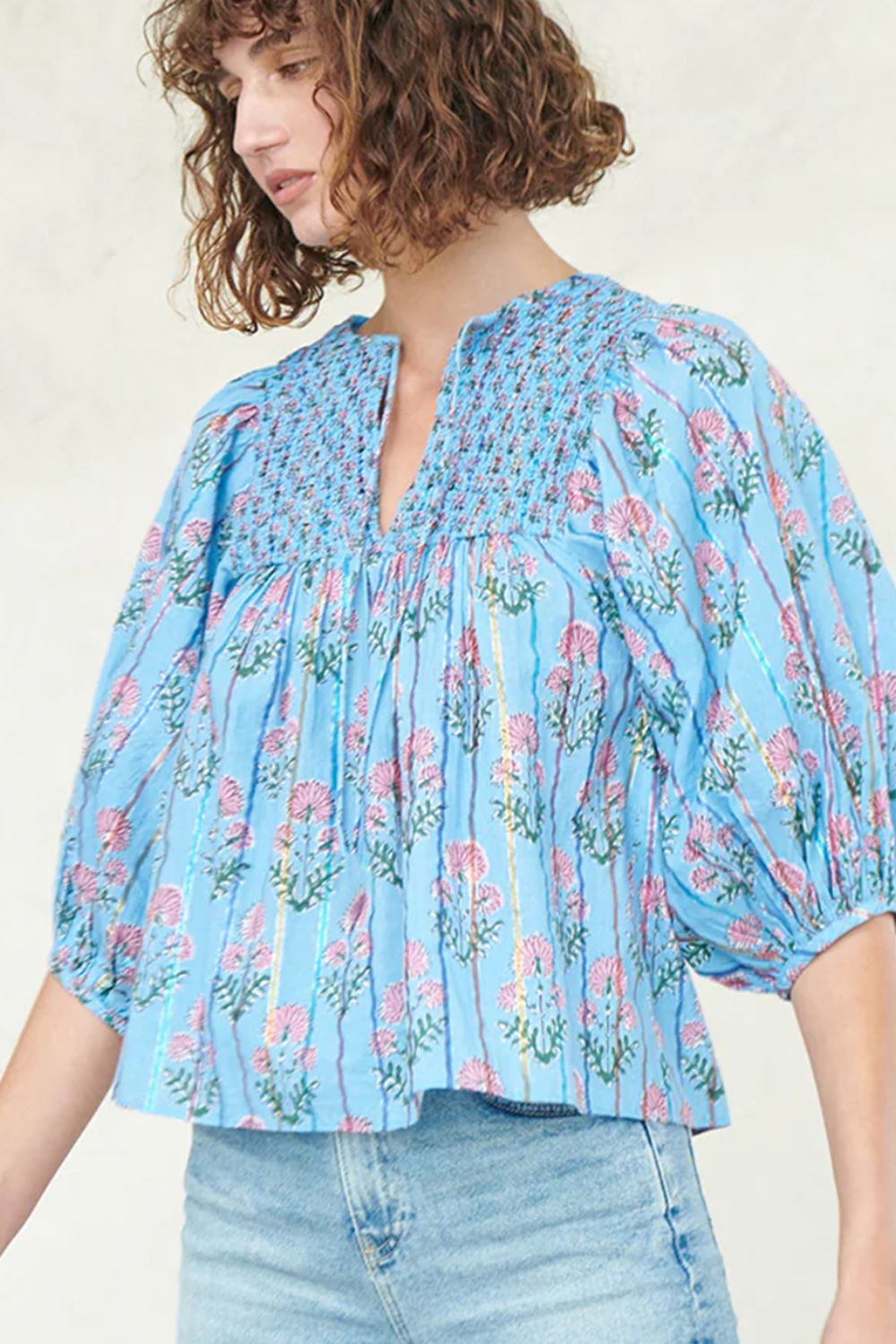 Smocked Floral Print Tie Neck Blouse – Charming Charlie