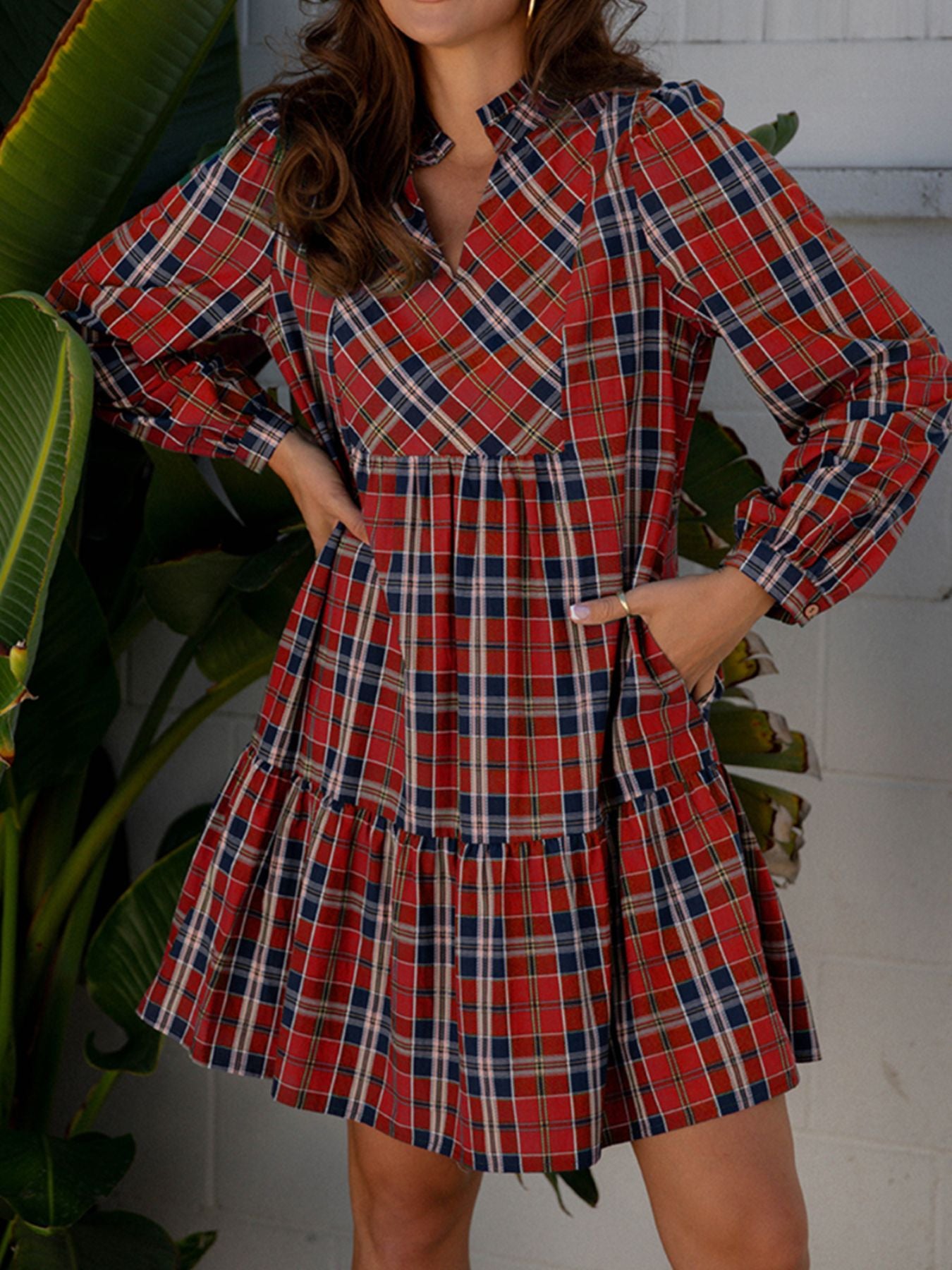 frilly mini dress Plaid Print Collar Long Sleeve Shift Burgundy / L The Met Gala 2026 Machine wash cold African attire for women Color:Way Back: Rock Melon