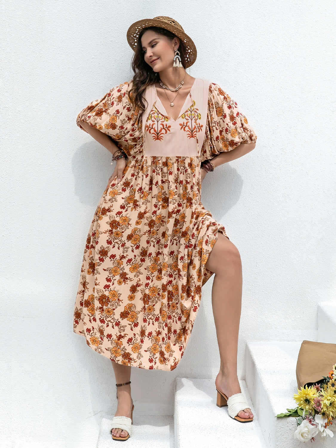 Plus Size Printed Tie Neck Half Sleeve Midi Dress - Floral / 1XL Plus Size Printed Tie Neck Half Sleeve Midi Dress - Floral / 1XL