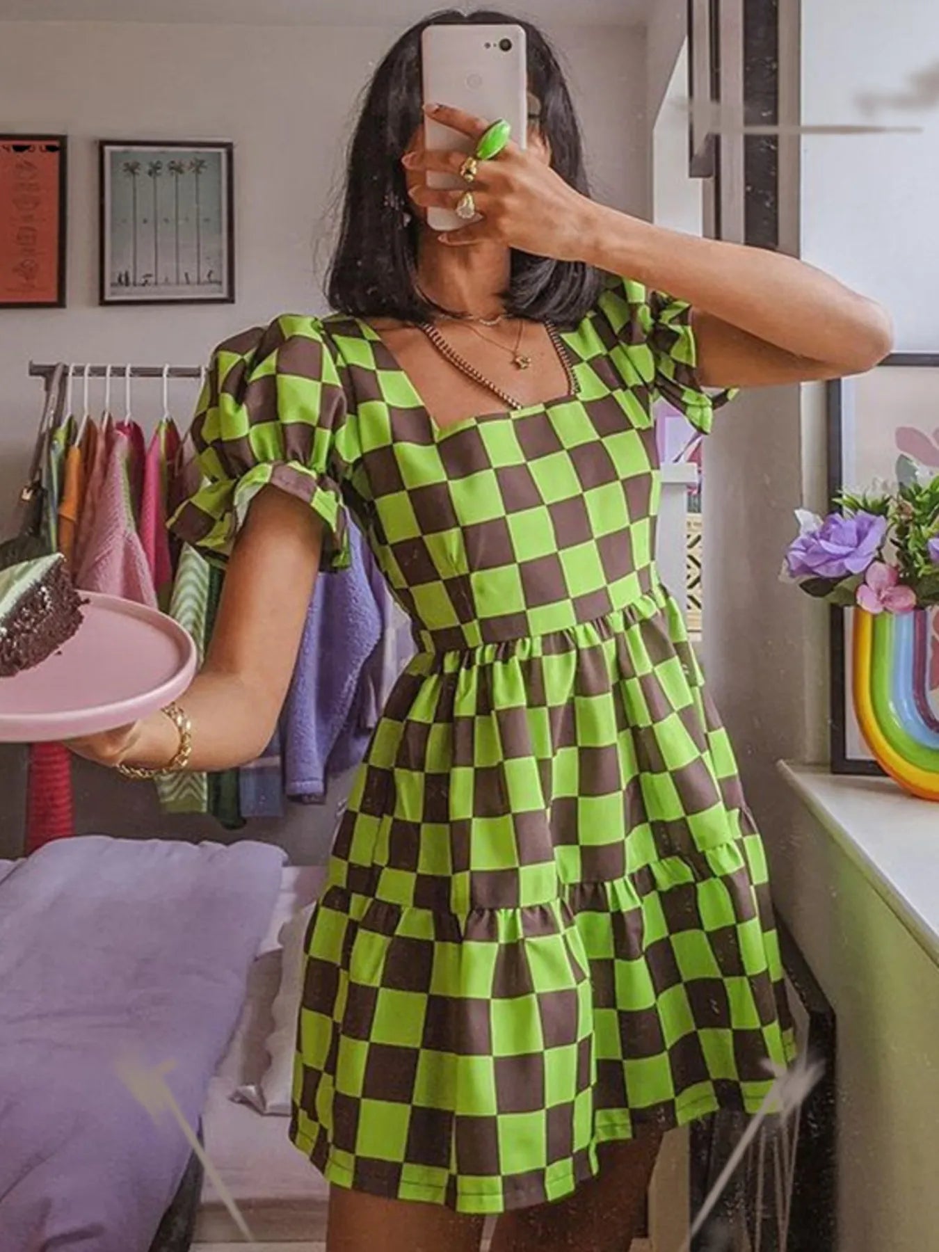 short sleeve tiered mini dress Checkered Short Sleeve Tiered Mini Dress – Charming Charlie