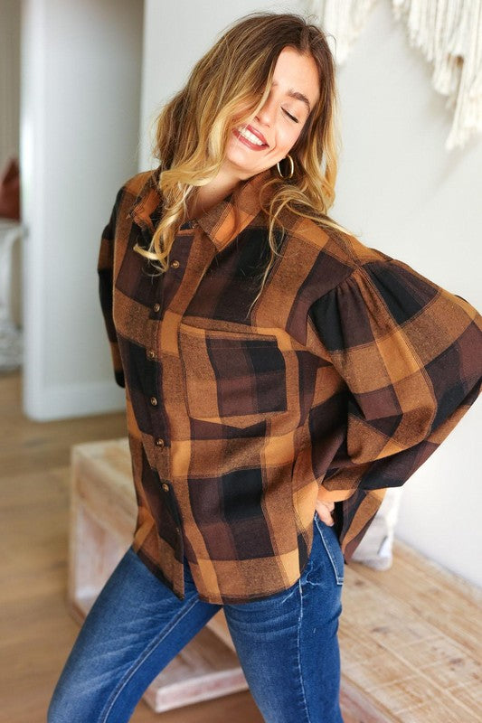 LÝFT OVERSIZE FLANNEL SHIRT - BROWN Rock'n Plaid Camel & Charcoal Button Down Oversized Shirt