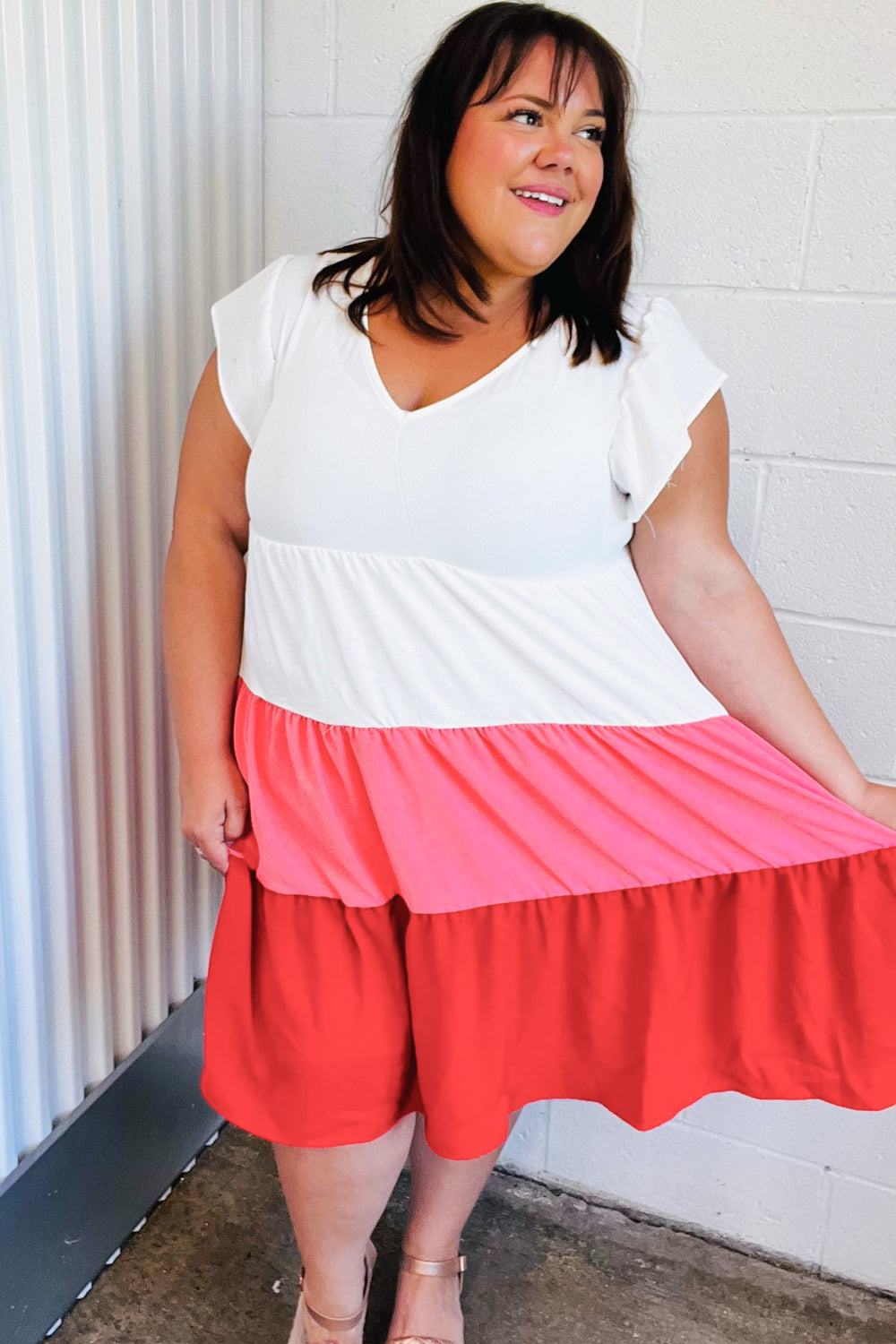 Peach & Cherry Red Tiered Frill Sleeve Midi Dress - Charming Charlie