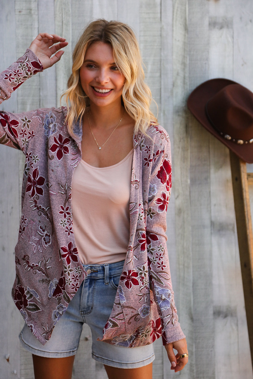 Find Love Bronze Long Sleeve Floral Print Open Cardigan Hoodie - Charming Charlie