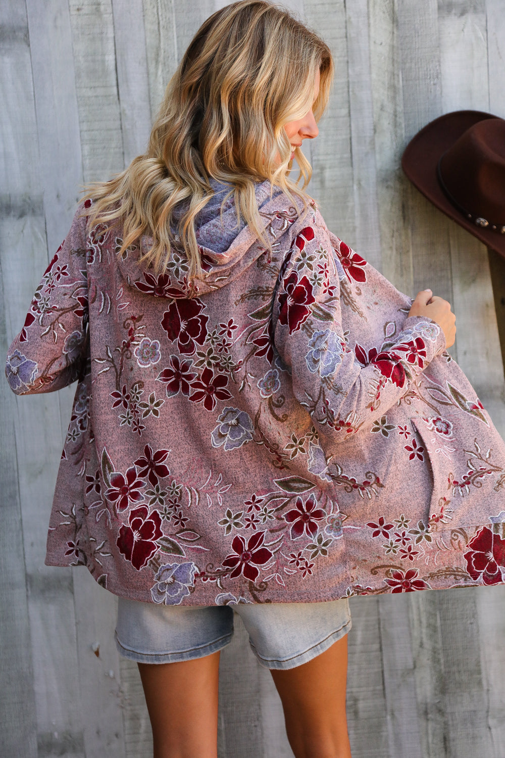 Find Love Bronze Long Sleeve Floral Print Open Cardigan Hoodie - Charming Charlie