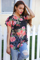 Diva Dreams Black Multicolor Floral Crochet Flutter Sleeve Top - Charming Charlie