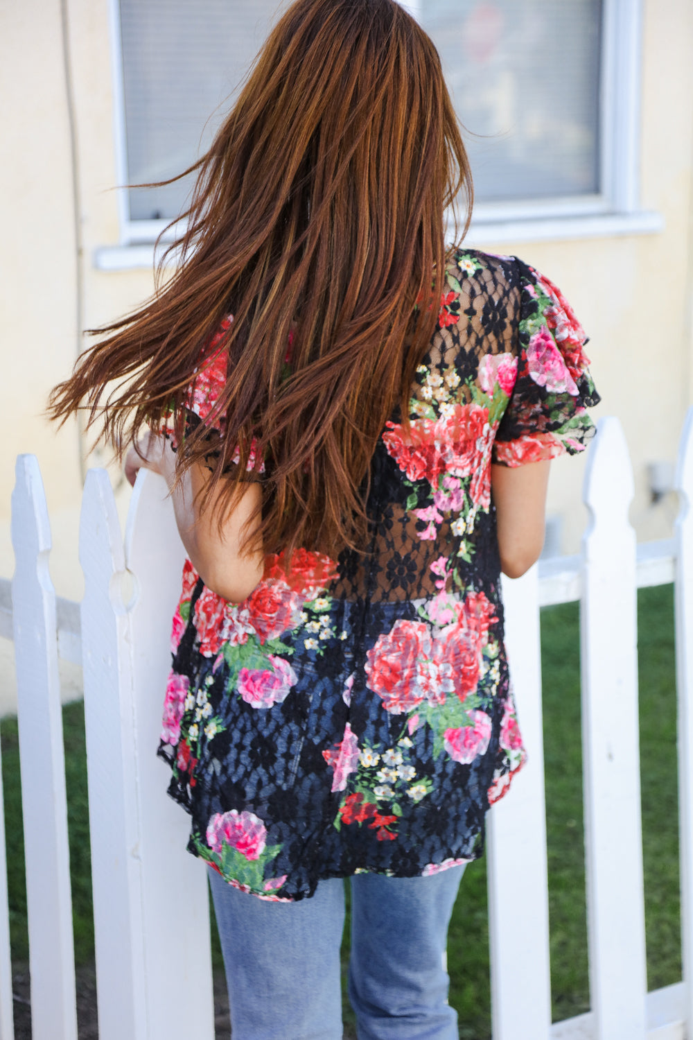 Diva Dreams Black Multicolor Floral Crochet Flutter Sleeve Top - Charming Charlie
