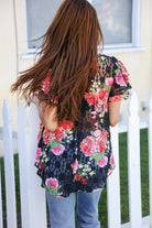 Diva Dreams Black Multicolor Floral Crochet Flutter Sleeve Top - Charming Charlie
