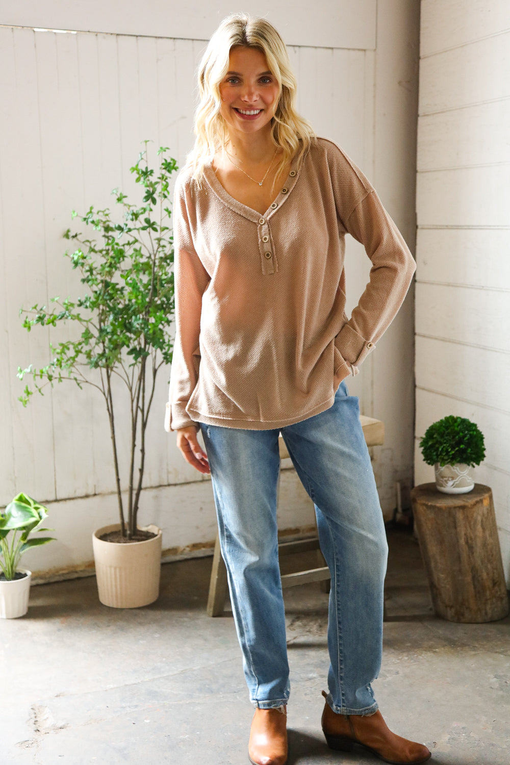 Casual Living Brown Henley Cuff Sleeve Side Slit Pullover - Charming Charlie