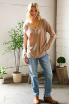 Casual Living Brown Henley Cuff Sleeve Side Slit Pullover - Charming Charlie