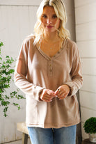 Casual Living Brown Henley Cuff Sleeve Side Slit Pullover - Charming Charlie