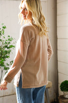 Casual Living Brown Henley Cuff Sleeve Side Slit Pullover - Charming Charlie