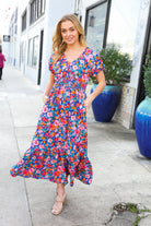 Find Love Blue Floral Raglan Puff Sleeves V Neck Smocked Waist Maxi - Charming Charlie