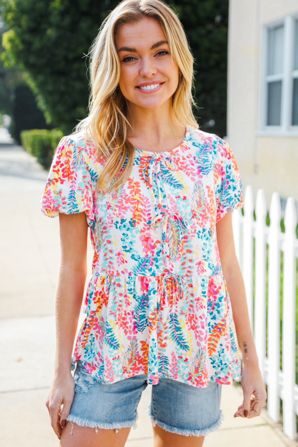Perfect Find Ivory Floral Leaf Print Short Sleeve Babydoll Top - Charming Charlie