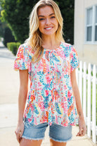 Perfect Find Ivory Floral Leaf Print Short Sleeve Babydoll Top - Charming Charlie