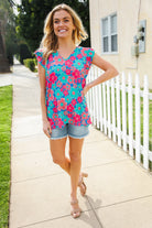 Flower Power Blue V Neck Flutter Sleeve Woven Blouse - Charming Charlie