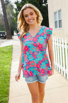 Flower Power Blue V Neck Flutter Sleeve Woven Blouse - Charming Charlie