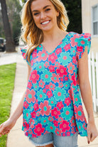 Flower Power Blue V Neck Flutter Sleeve Woven Blouse - Charming Charlie
