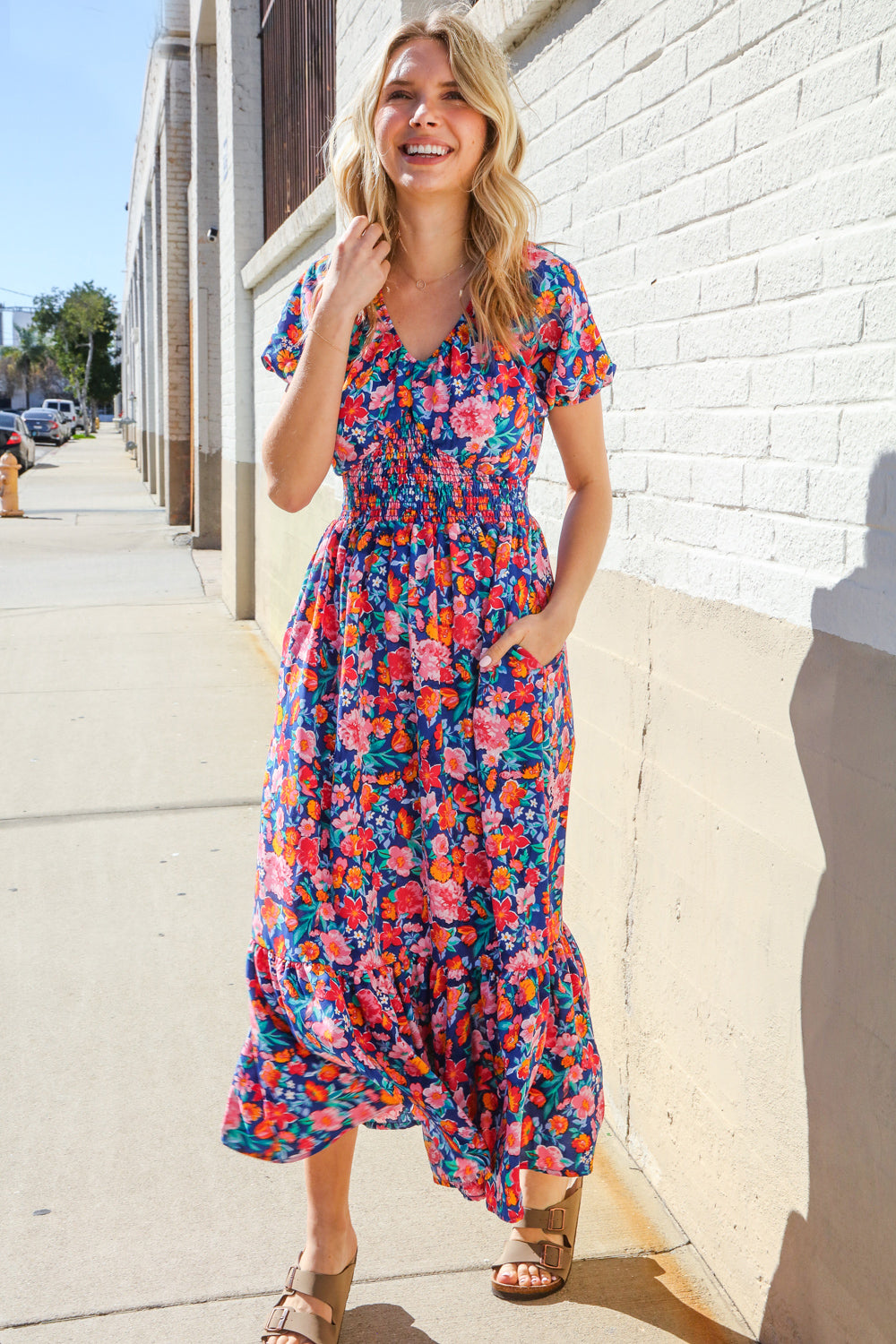 Find Love Blue Floral Raglan Puff Sleeves V Neck Smocked Waist Maxi - Charming Charlie
