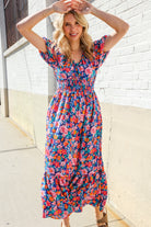 Find Love Blue Floral Raglan Puff Sleeves V Neck Smocked Waist Maxi - Charming Charlie