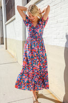 Find Love Blue Floral Raglan Puff Sleeves V Neck Smocked Waist Maxi - Charming Charlie