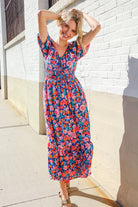 Find Love Blue Floral Raglan Puff Sleeves V Neck Smocked Waist Maxi - Charming Charlie