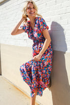 Find Love Blue Floral Raglan Puff Sleeves V Neck Smocked Waist Maxi - Charming Charlie