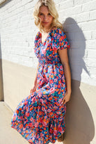 Find Love Blue Floral Raglan Puff Sleeves V Neck Smocked Waist Maxi - Charming Charlie