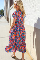 Find Love Blue Floral Raglan Puff Sleeves V Neck Smocked Waist Maxi - Charming Charlie