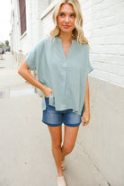 Casual Chic Sage Linen Notch Neck Dolman Short Sleeve Top - Charming Charlie