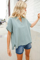 Casual Chic Sage Linen Notch Neck Dolman Short Sleeve Top - Charming Charlie
