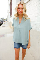 Casual Chic Sage Linen Notch Neck Dolman Short Sleeve Top - Charming Charlie