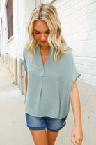 Casual Chic Sage Linen Notch Neck Dolman Short Sleeve Top - Charming Charlie